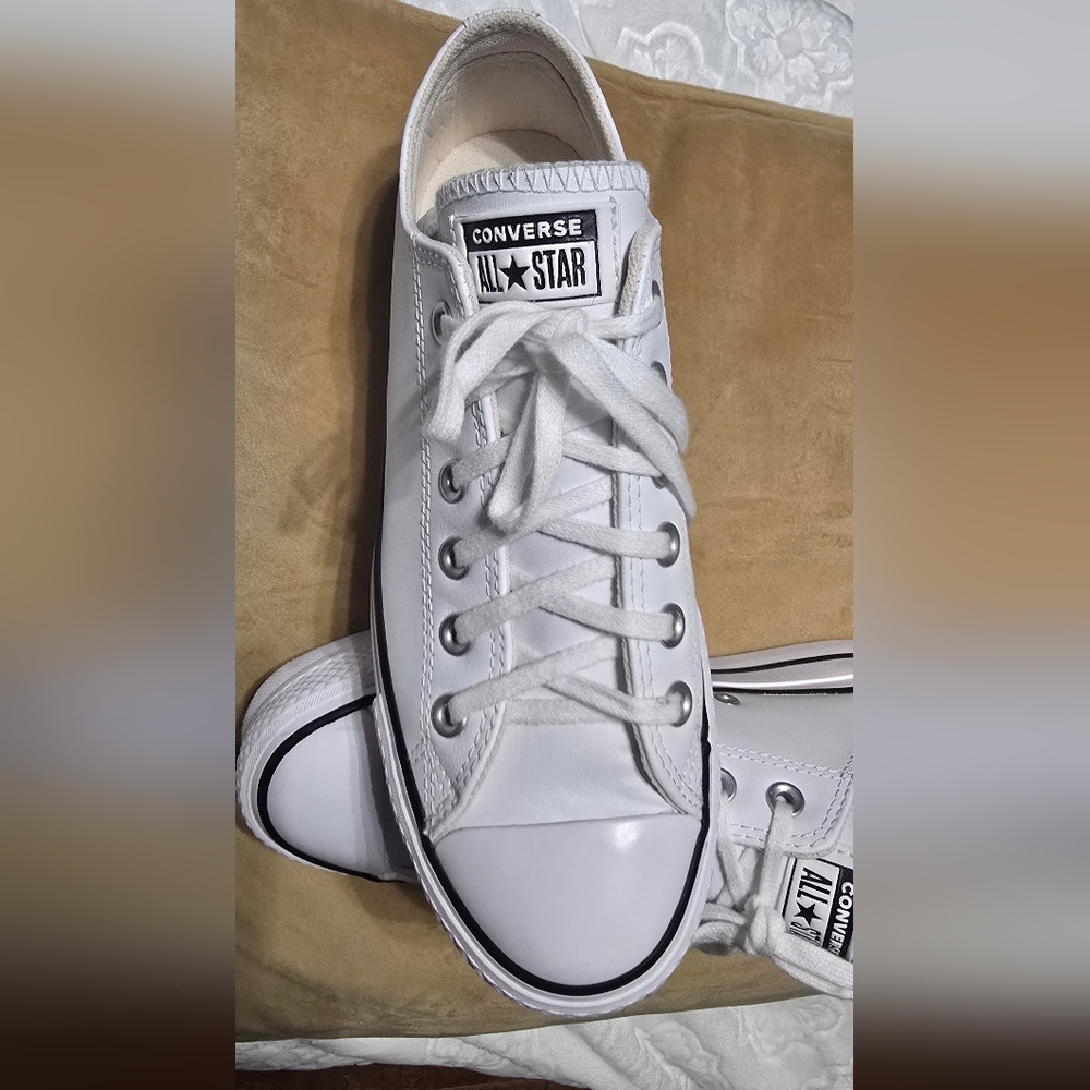 Converse White Low Top Platform Sneakers with Black Trim - Picture 5 of 12